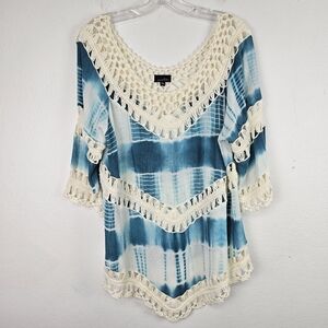 Zenobia Tunic Top Batik Print Crochet Accents Sz 2XL Hippie Boho Cottagecore